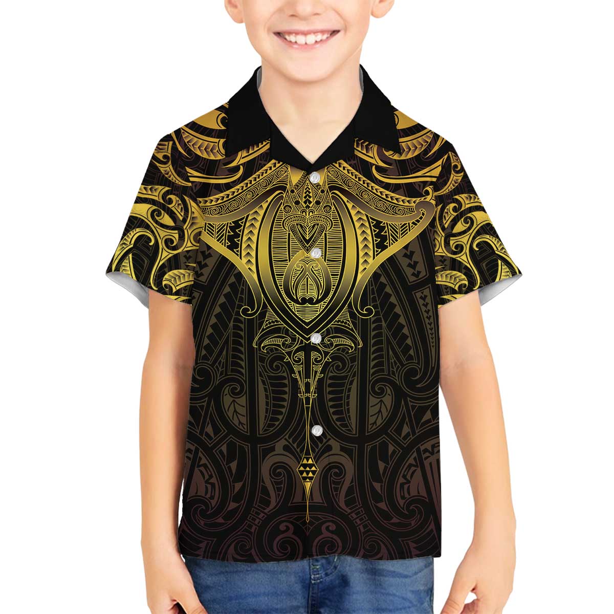 New Zealand Aotearoa Family Matching Off The Shoulder Long Sleeve Dress and Hawaiian Shirt Maori Manta Ray Moko Gold LT05 Son's Shirt Gold - Polynesian Pride