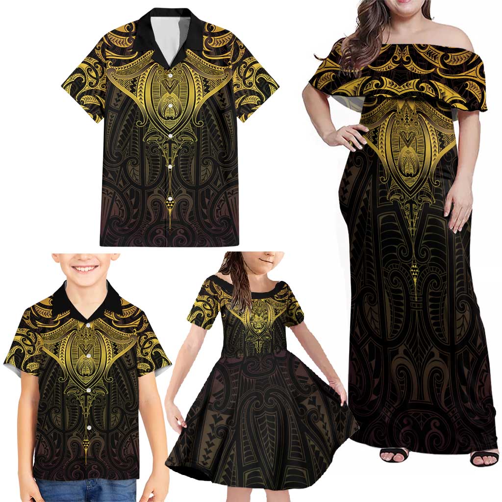 New Zealand Aotearoa Family Matching Off Shoulder Maxi Dress and Hawaiian Shirt Maori Manta Ray Moko Gold LT05 - Polynesian Pride
