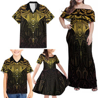 New Zealand Aotearoa Family Matching Off Shoulder Maxi Dress and Hawaiian Shirt Maori Manta Ray Moko Gold LT05 - Polynesian Pride