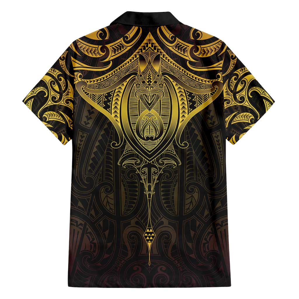 New Zealand Aotearoa Family Matching Off Shoulder Maxi Dress and Hawaiian Shirt Maori Manta Ray Moko Gold LT05 - Polynesian Pride