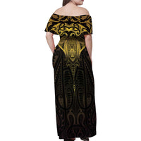 New Zealand Aotearoa Family Matching Off Shoulder Maxi Dress and Hawaiian Shirt Maori Manta Ray Moko Gold LT05 - Polynesian Pride