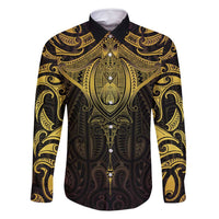 New Zealand Aotearoa Family Matching Off Shoulder Short Dress and Hawaiian Shirt Maori Manta Ray Moko Gold LT05 Dad's Shirt - Long Sleeve Gold - Polynesian Pride