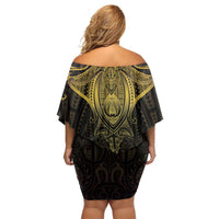 New Zealand Aotearoa Family Matching Off Shoulder Short Dress and Hawaiian Shirt Maori Manta Ray Moko Gold LT05 - Polynesian Pride