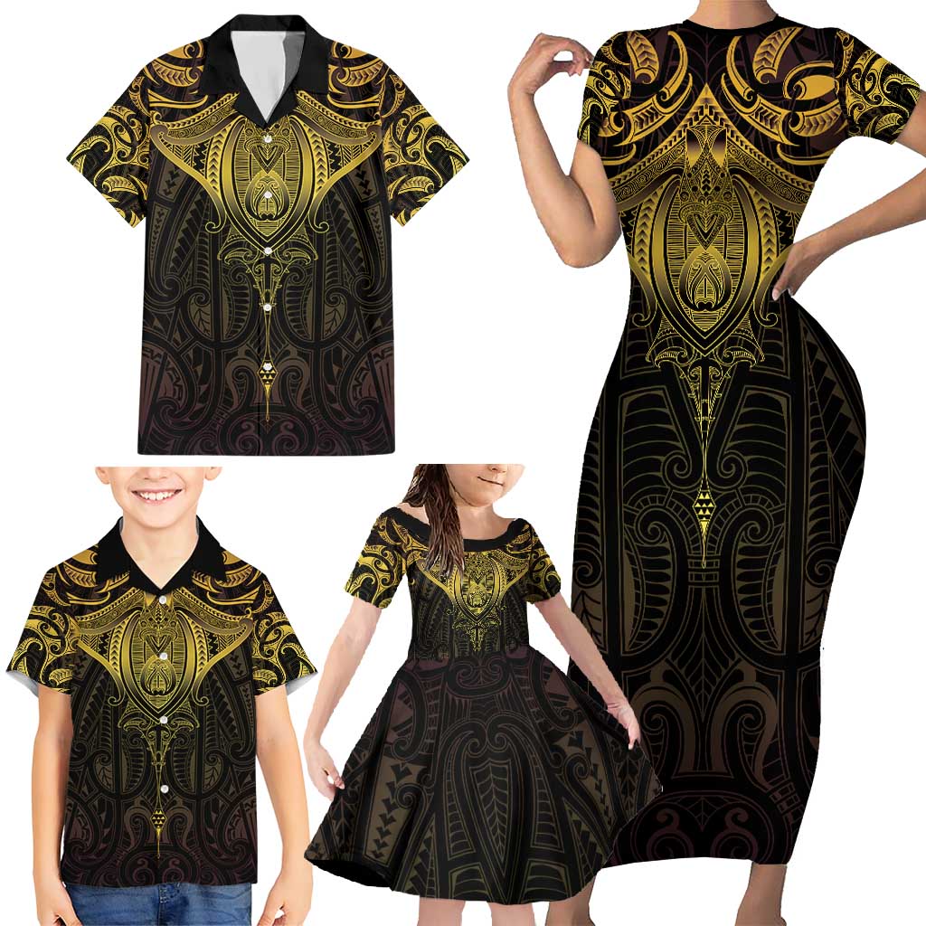 New Zealand Aotearoa Family Matching Short Sleeve Bodycon Dress and Hawaiian Shirt Maori Manta Ray Moko Gold LT05 - Polynesian Pride