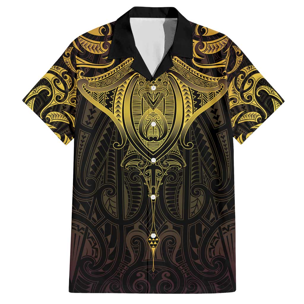 New Zealand Aotearoa Family Matching Short Sleeve Bodycon Dress and Hawaiian Shirt Maori Manta Ray Moko Gold LT05 Dad's Shirt - Short Sleeve Gold - Polynesian Pride