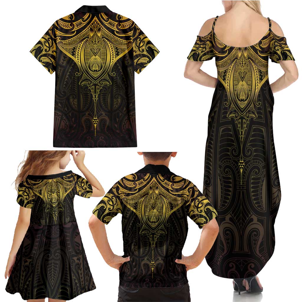 New Zealand Aotearoa Family Matching Summer Maxi Dress and Hawaiian Shirt Maori Manta Ray Moko Gold LT05 - Polynesian Pride