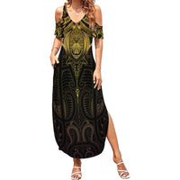 New Zealand Aotearoa Family Matching Summer Maxi Dress and Hawaiian Shirt Maori Manta Ray Moko Gold LT05 Mom's Dress Gold - Polynesian Pride