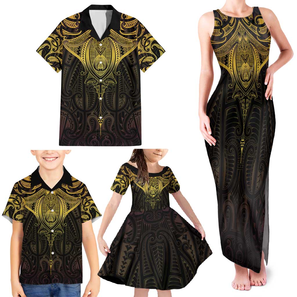 New Zealand Aotearoa Family Matching Tank Maxi Dress and Hawaiian Shirt Maori Manta Ray Moko Gold LT05 - Polynesian Pride