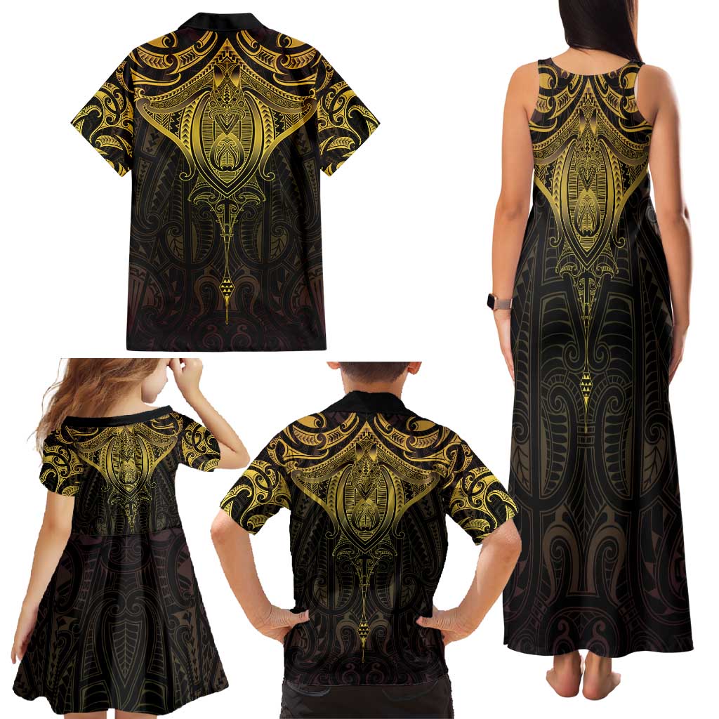 New Zealand Aotearoa Family Matching Tank Maxi Dress and Hawaiian Shirt Maori Manta Ray Moko Gold LT05 - Polynesian Pride