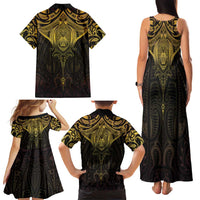 New Zealand Aotearoa Family Matching Tank Maxi Dress and Hawaiian Shirt Maori Manta Ray Moko Gold LT05 - Polynesian Pride