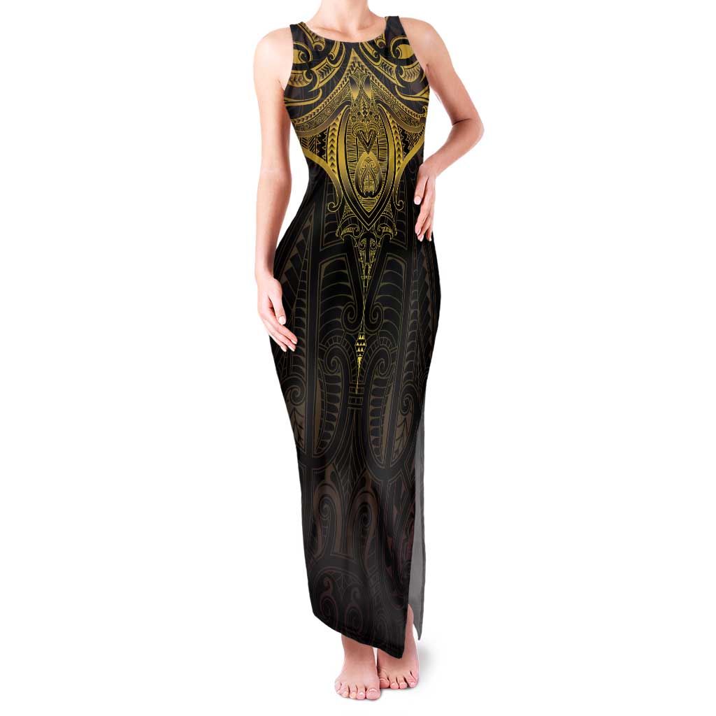 New Zealand Aotearoa Family Matching Tank Maxi Dress and Hawaiian Shirt Maori Manta Ray Moko Gold LT05 Mom's Dress Gold - Polynesian Pride