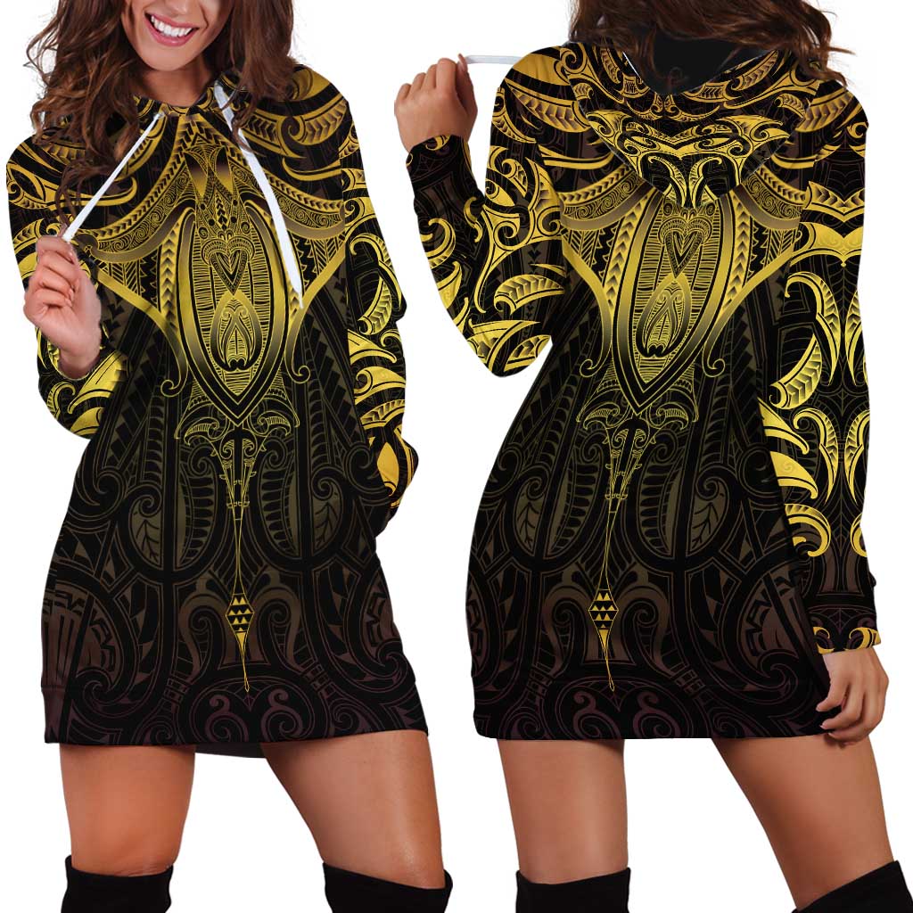 New Zealand Aotearoa Hoodie Dress Maori Manta Ray Moko Gold LT05 - Polynesian Pride
