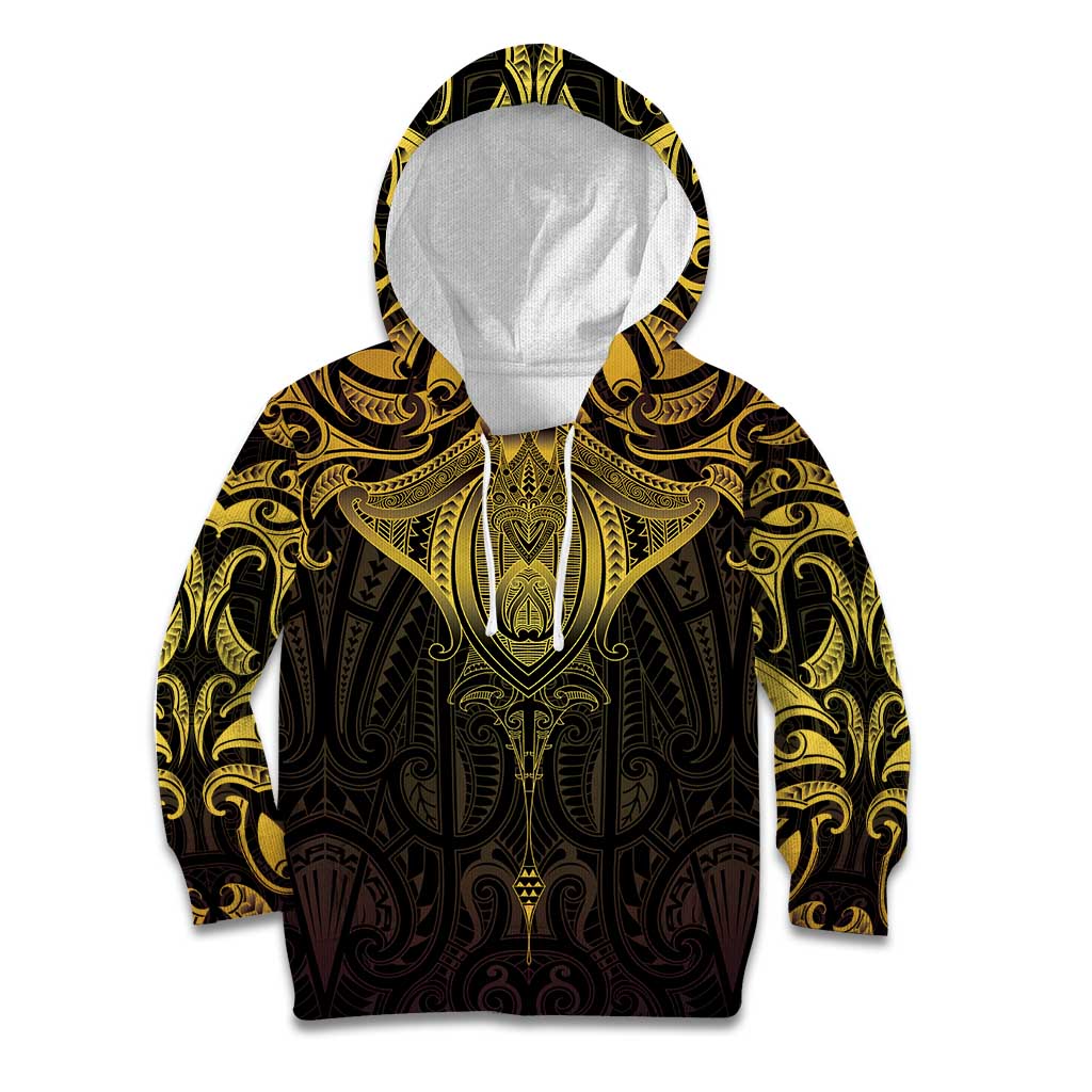 New Zealand Aotearoa Kid Hoodie Maori Manta Ray Moko Gold - Polynesian Pride