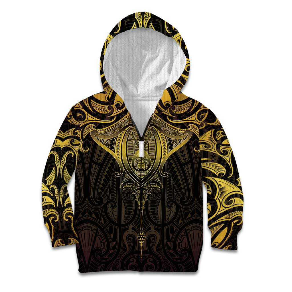 New Zealand Aotearoa Kid Hoodie Maori Manta Ray Moko Gold - Polynesian Pride