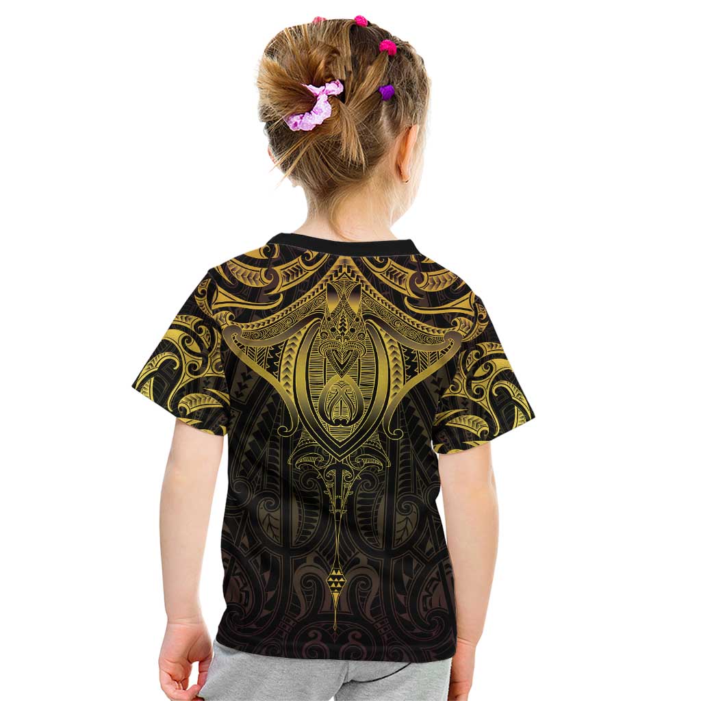 New Zealand Aotearoa Kid T Shirt Maori Manta Ray Moko Gold - Polynesian Pride