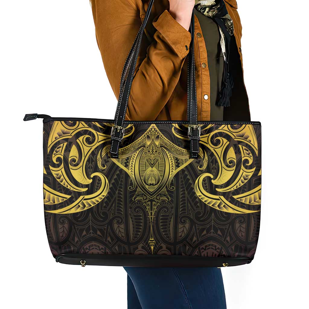 New Zealand Aotearoa Leather Tote Bag Maori Manta Ray Moko Gold - Polynesian Pride