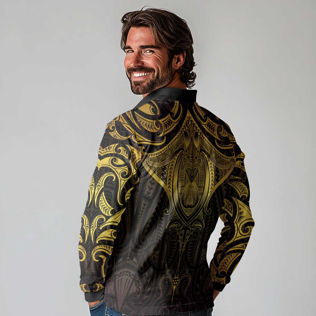 New Zealand Aotearoa Long Sleeve Polo Shirt Maori Manta Ray Moko Gold - Polynesian Pride