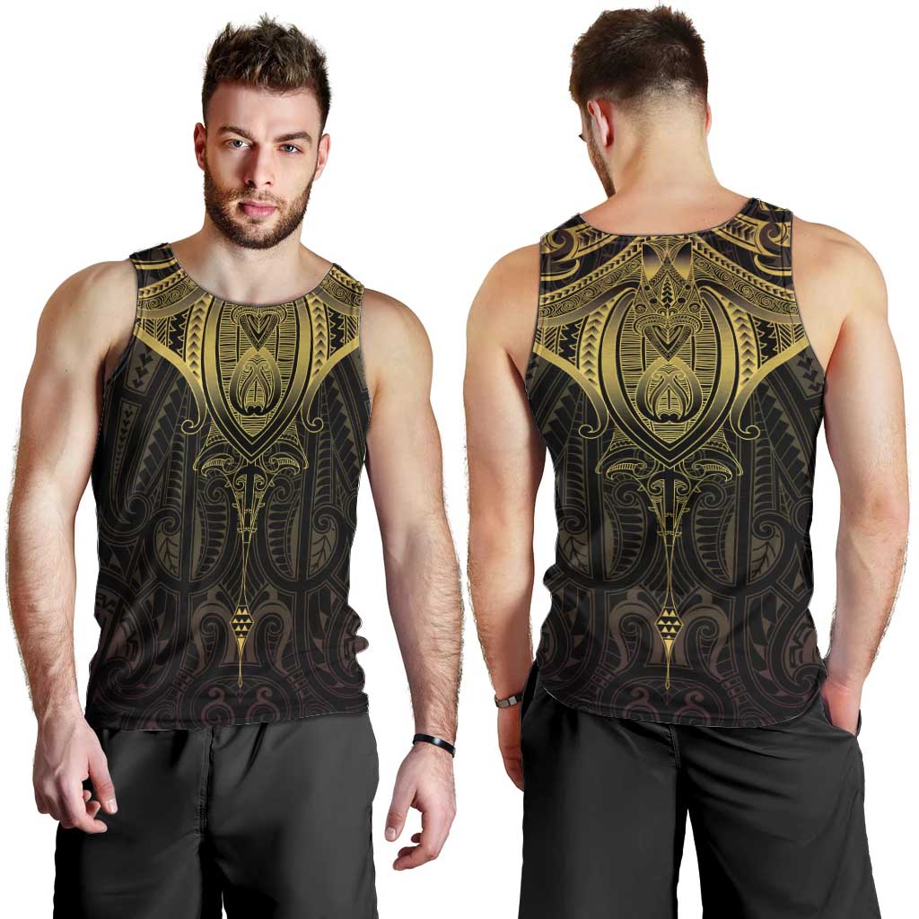 New Zealand Aotearoa Men Tank Top Maori Manta Ray Moko Gold - Polynesian Pride