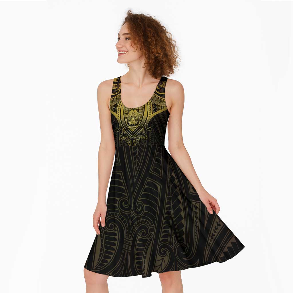 New Zealand Aotearoa Midi Dress Maori Manta Ray Moko Gold - Polynesian Pride