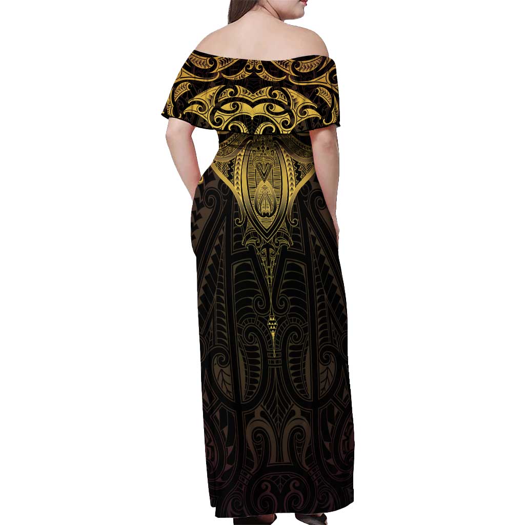 New Zealand Aotearoa Off Shoulder Maxi Dress Maori Manta Ray Moko Gold - Polynesian Pride