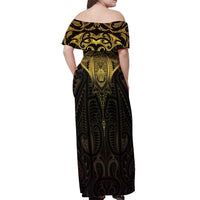 New Zealand Aotearoa Off Shoulder Maxi Dress Maori Manta Ray Moko Gold - Polynesian Pride