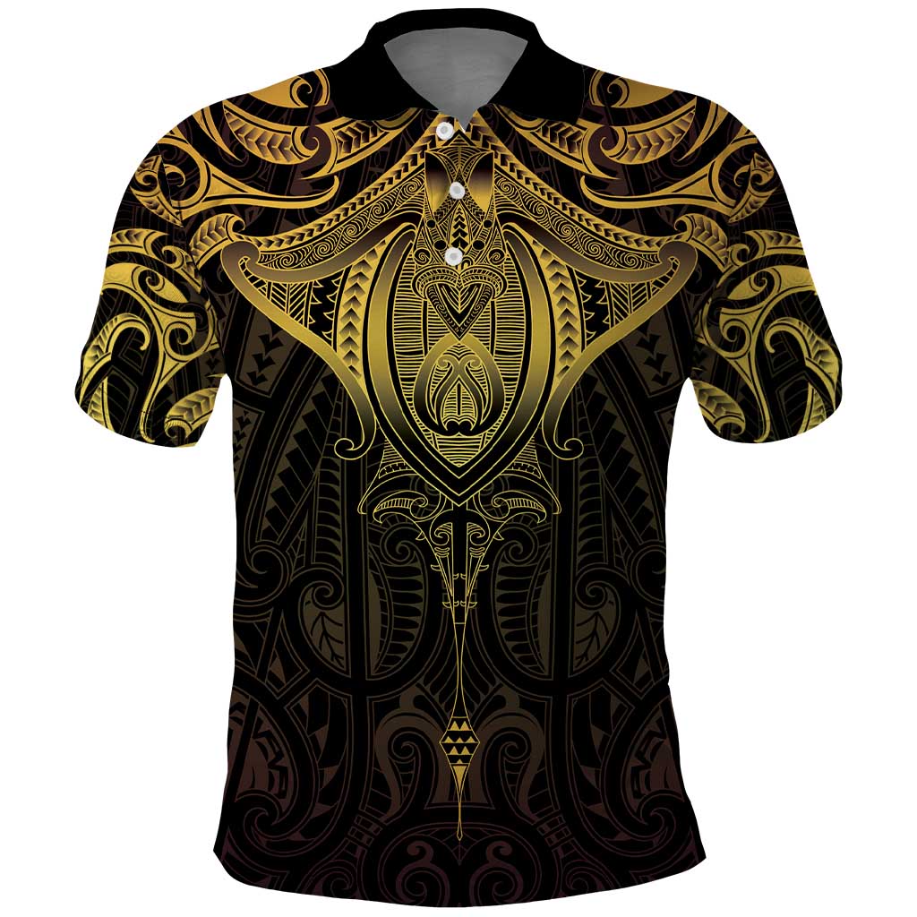 New Zealand Aotearoa Polo Shirt Maori Manta Ray Moko Gold - Polynesian Pride