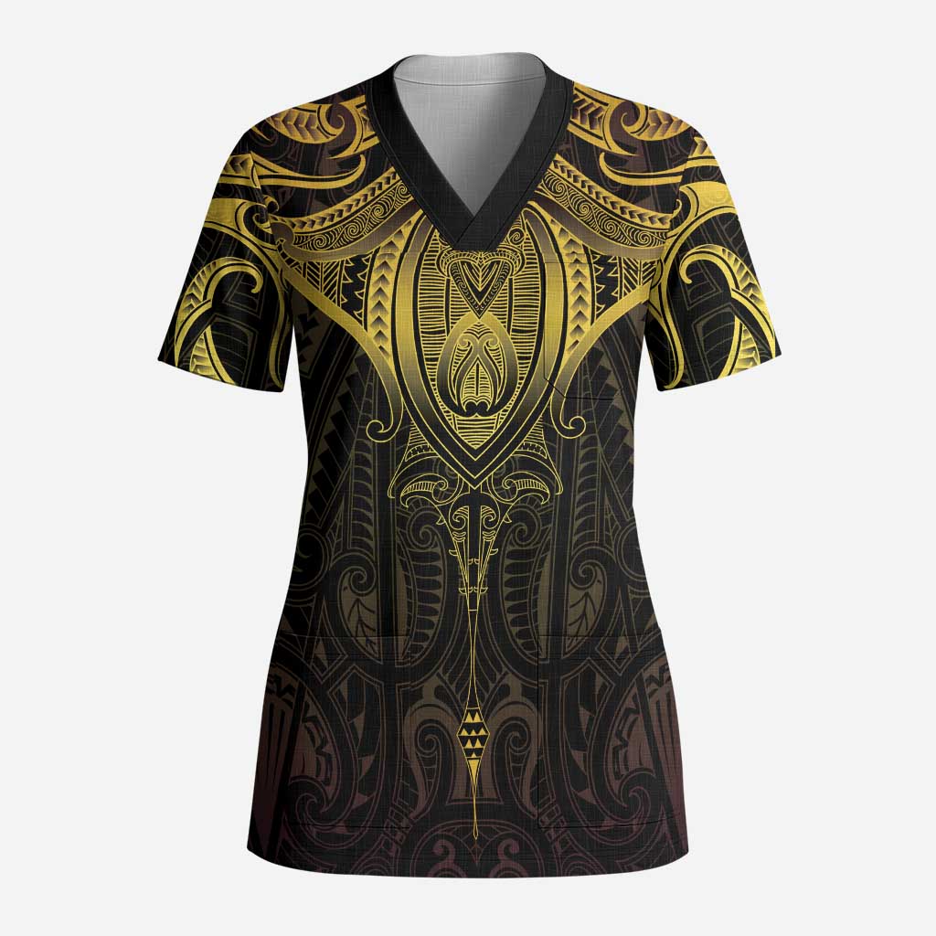 New Zealand Aotearoa Scrub Top Maori Manta Ray Moko Gold - Polynesian Pride