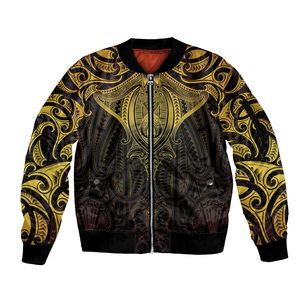New Zealand Aotearoa Sleeve Zip Bomber Jacket Maori Manta Ray Moko Gold LT05 Unisex Gold - Polynesian Pride