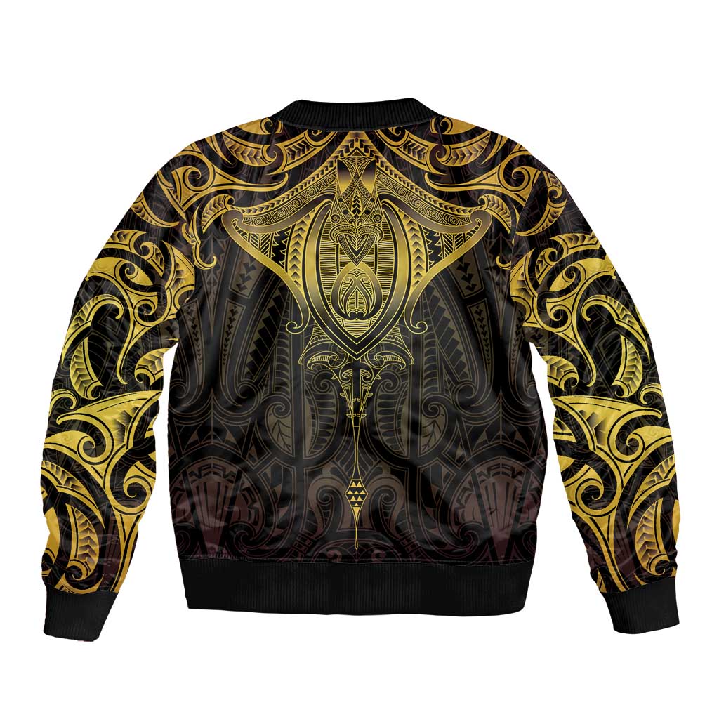 New Zealand Aotearoa Sleeve Zip Bomber Jacket Maori Manta Ray Moko Gold LT05 - Polynesian Pride