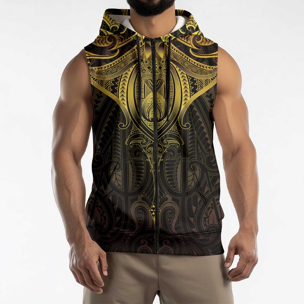 New Zealand Aotearoa Sleeveless Zip Hoodie Maori Manta Ray Moko Gold - Polynesian Pride