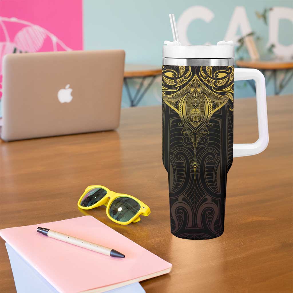 New Zealand Aotearoa Tumbler With Handle Maori Manta Ray Moko Gold - Polynesian Pride