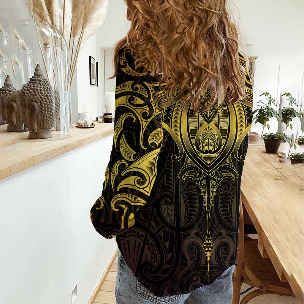 New Zealand Aotearoa Women Casual Shirt Maori Manta Ray Moko Gold LT05 - Polynesian Pride