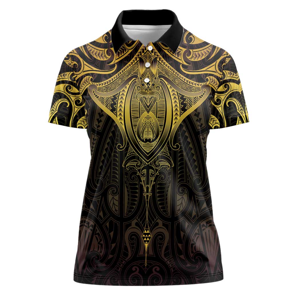 New Zealand Aotearoa Women Polo Shirt Maori Manta Ray Moko Gold - Polynesian Pride