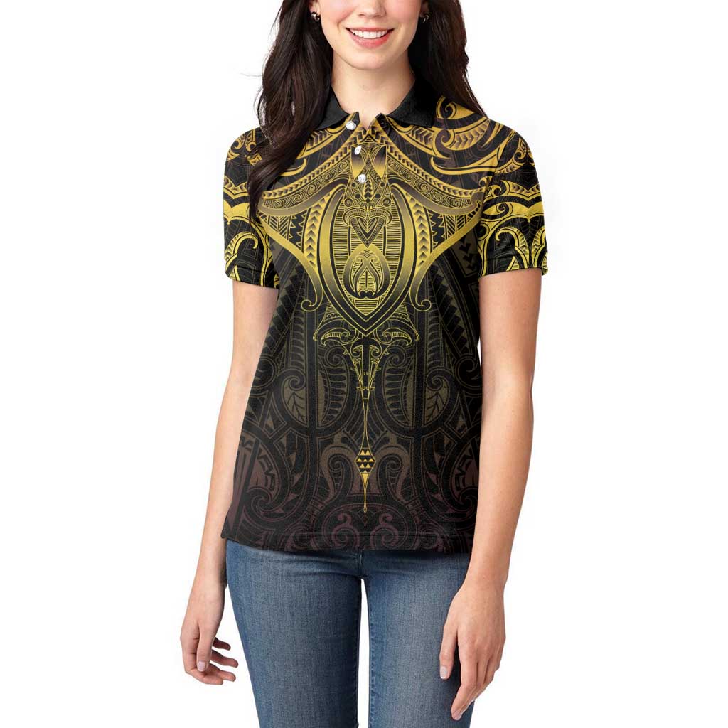 New Zealand Aotearoa Women Polo Shirt Maori Manta Ray Moko Gold LT05 - Polynesian Pride