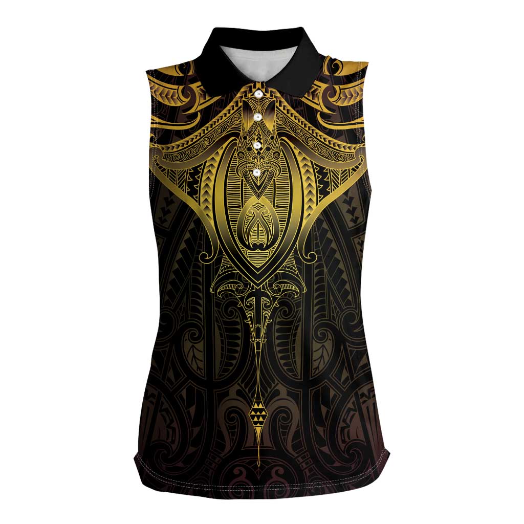 New Zealand Aotearoa Women Sleeveless Polo Shirt Maori Manta Ray Moko Gold LT05 Female Gold - Polynesian Pride