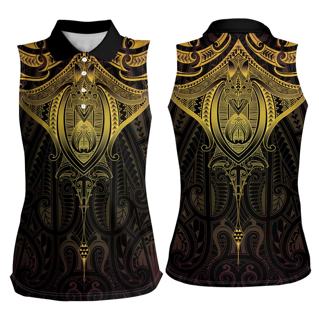 New Zealand Aotearoa Women Sleeveless Polo Shirt Maori Manta Ray Moko Gold LT05 - Polynesian Pride