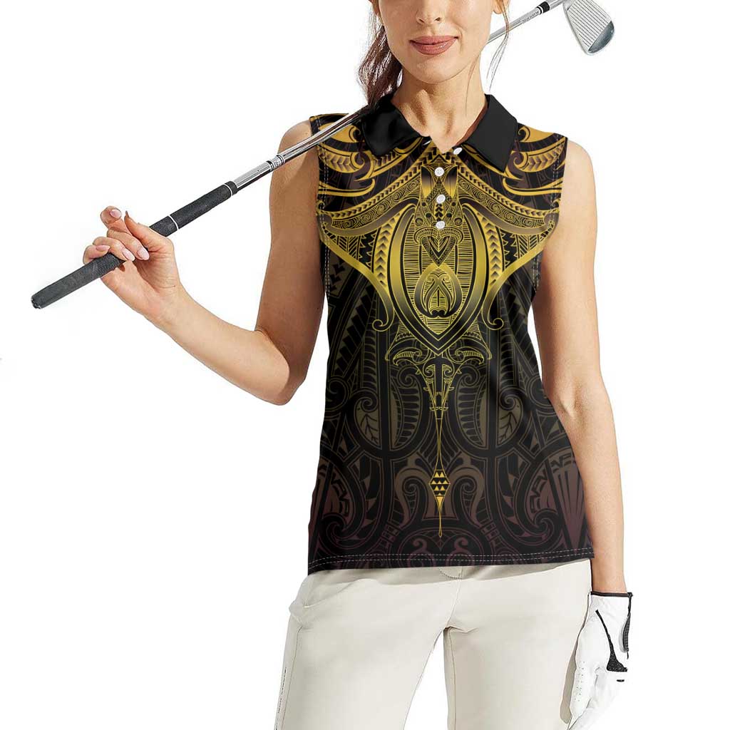 New Zealand Aotearoa Women Sleeveless Polo Shirt Maori Manta Ray Moko Gold LT05 - Polynesian Pride