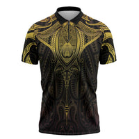 New Zealand Aotearoa Zipper Polo Shirt Maori Manta Ray Moko Gold - Polynesian Pride
