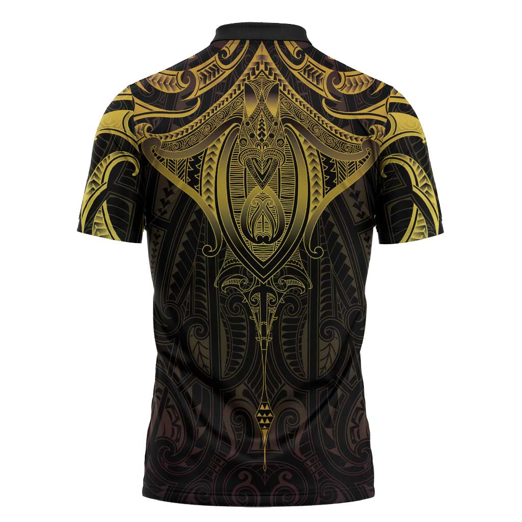 New Zealand Aotearoa Zipper Polo Shirt Maori Manta Ray Moko Gold - Polynesian Pride