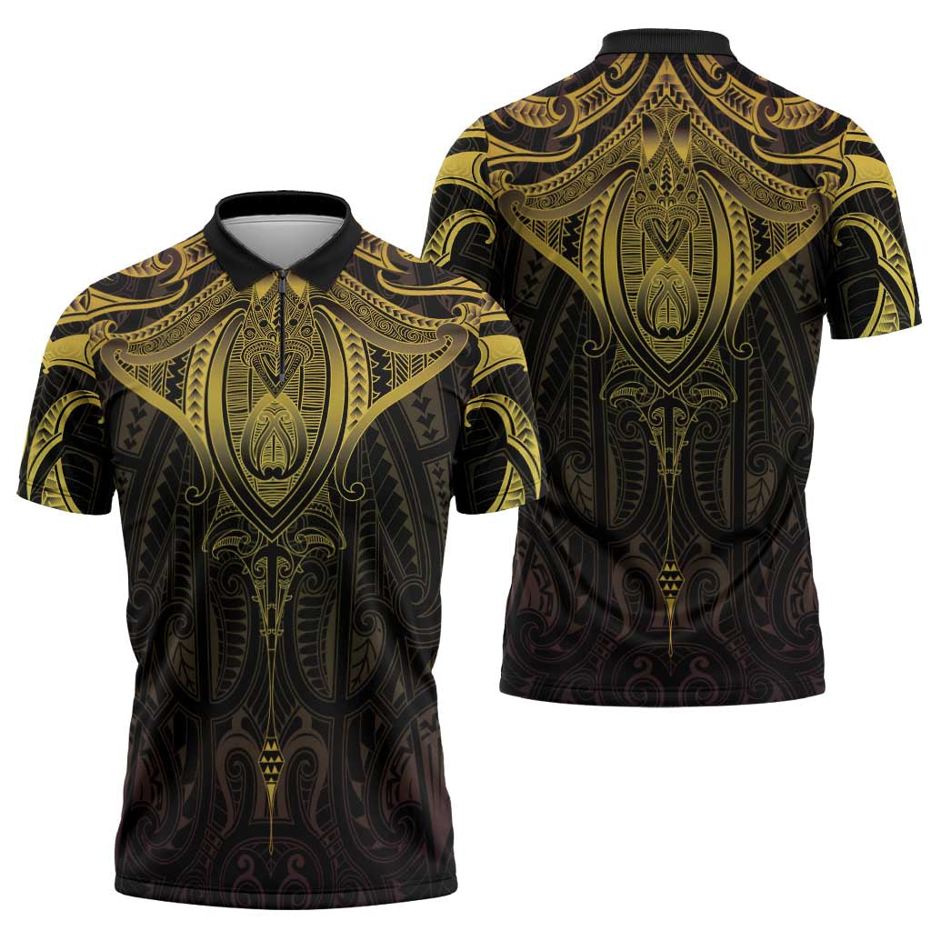 New Zealand Aotearoa Zipper Polo Shirt Maori Manta Ray Moko Gold - Polynesian Pride