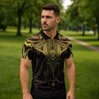 New Zealand Aotearoa Zipper Polo Shirt Maori Manta Ray Moko Gold - Polynesian Pride
