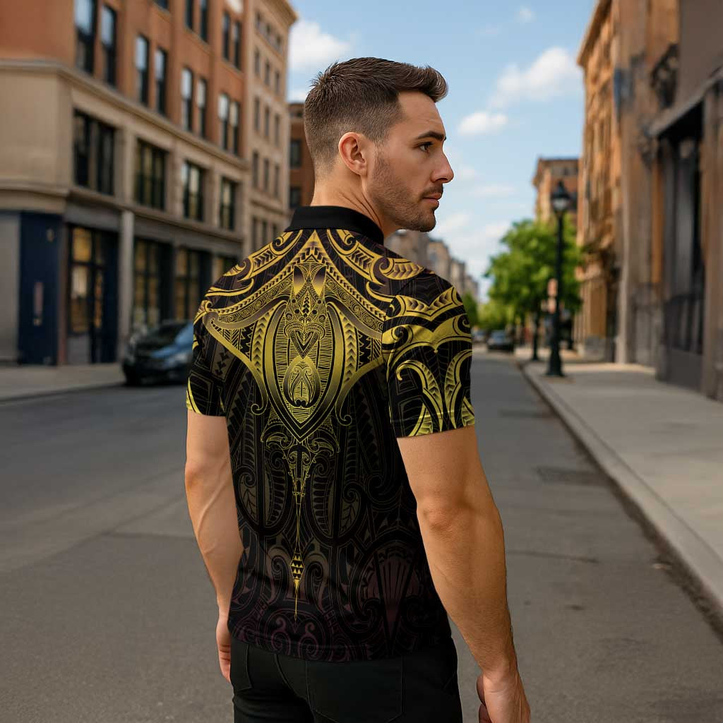New Zealand Aotearoa Zipper Polo Shirt Maori Manta Ray Moko Gold - Polynesian Pride
