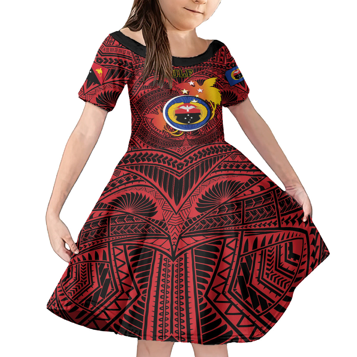 Papua New Guinea Gulf Province Kid Short Sleeve Dress Mix Coat Of Arms Polynesian Pattern LT05 KID Red - Polynesian Pride