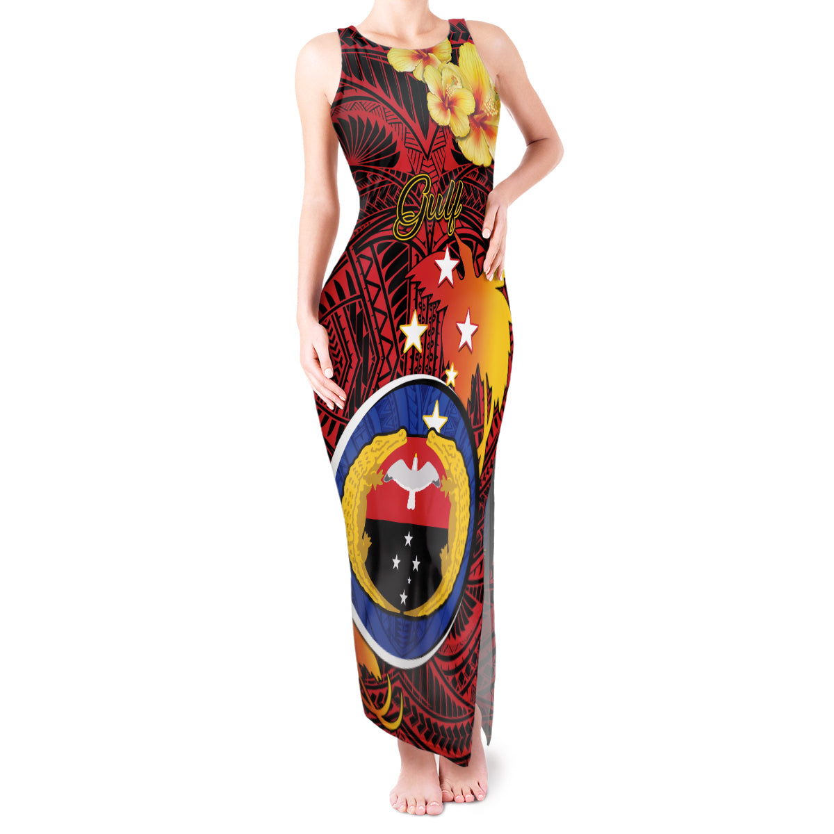 Papua New Guinea Gulf Province Tank Maxi Dress Mix Coat Of Arms Polynesian Pattern LT05 Women Red - Polynesian Pride