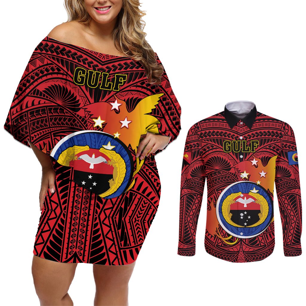 Personalized Papua New Guinea Gulf Province Couples Matching Off Shoulder Short Dress and Long Sleeve Button Shirts Mix Coat Of Arms Polynesian Pattern LT05 Red - Polynesian Pride