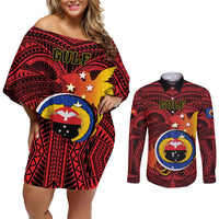 Personalized Papua New Guinea Gulf Province Couples Matching Off Shoulder Short Dress and Long Sleeve Button Shirts Mix Coat Of Arms Polynesian Pattern LT05 Red - Polynesian Pride