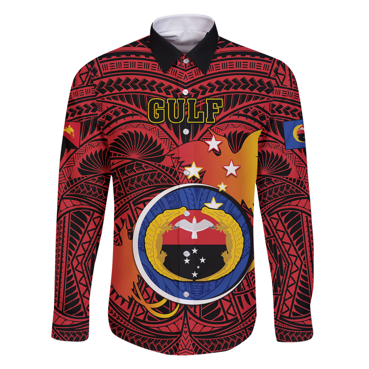 Personalized Papua New Guinea Gulf Province Family Matching Off Shoulder Long Sleeve Dress and Hawaiian Shirt Mix Coat Of Arms Polynesian Pattern LT05 Dad's Shirt - Long Sleeve Red - Polynesian Pride