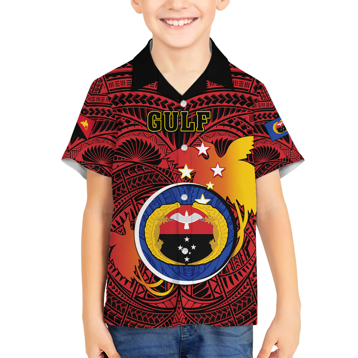 Personalized Papua New Guinea Gulf Province Family Matching Short Sleeve Bodycon Dress and Hawaiian Shirt Mix Coat Of Arms Polynesian Pattern LT05 Son's Shirt Red - Polynesian Pride