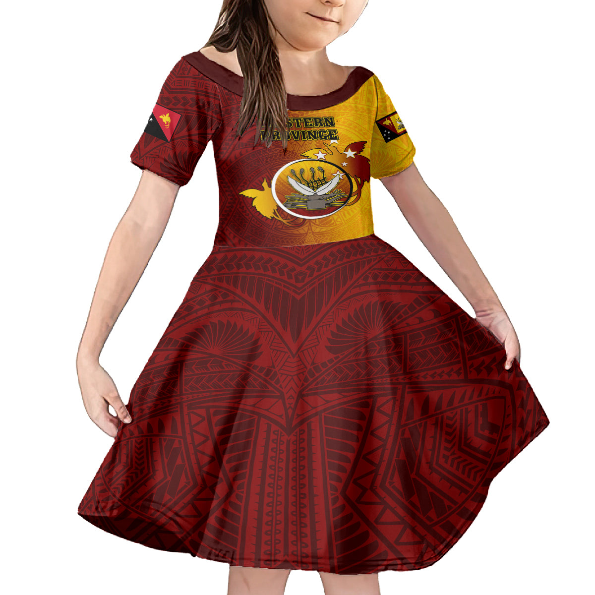 Papua New Guinea Western Province Kid Short Sleeve Dress Mix Coat Of Arms Polynesian Pattern LT05 KID Red - Polynesian Pride