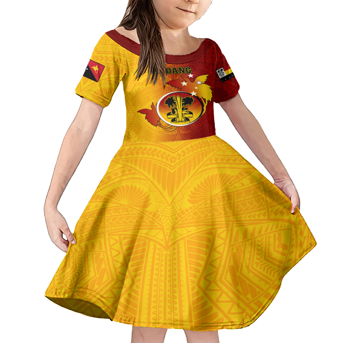 Papua New Guinea Madang Province Kid Short Sleeve Dress Mix Coat Of Arms Polynesian Pattern LT05 KID Yellow - Polynesian Pride